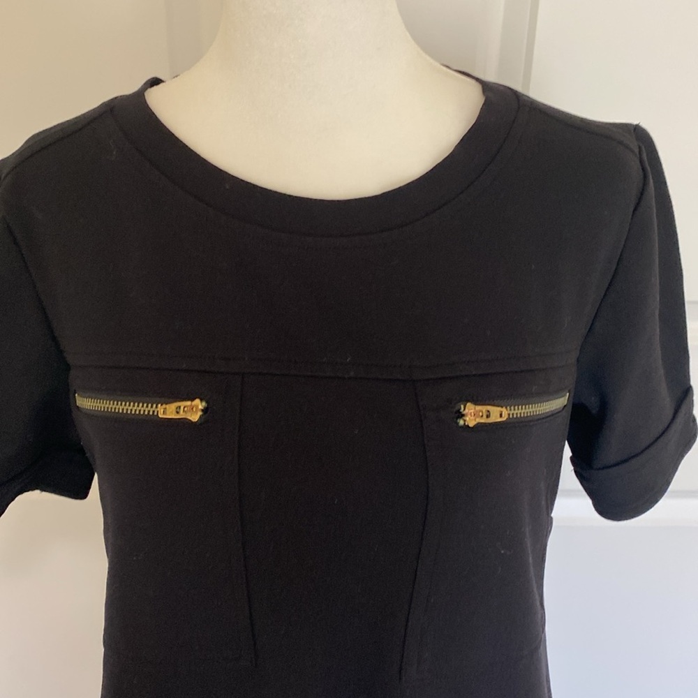 J. Crew Black Mod Shift Mini Dress. Gold zippers on Chest and Hips. Size 2. - Picture 5 of 14